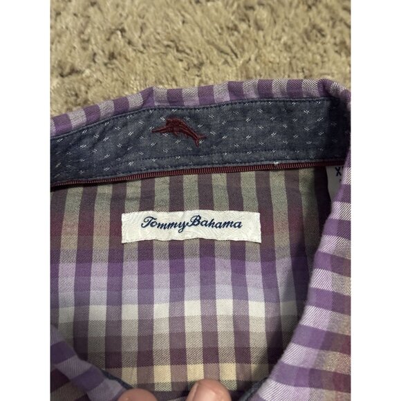 TOMMY BAHAMA Long Sleeve Button-Up Shirt Purple Check Plaid Silk Blend Preppy XL - Picture 4 of 10
